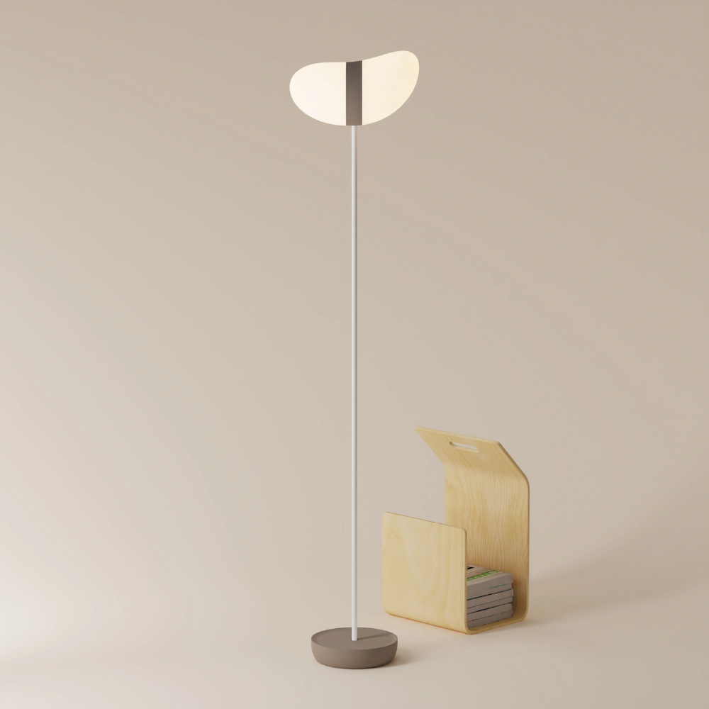 The smoke Baltra Floor Light from Gantri with the white rod option.