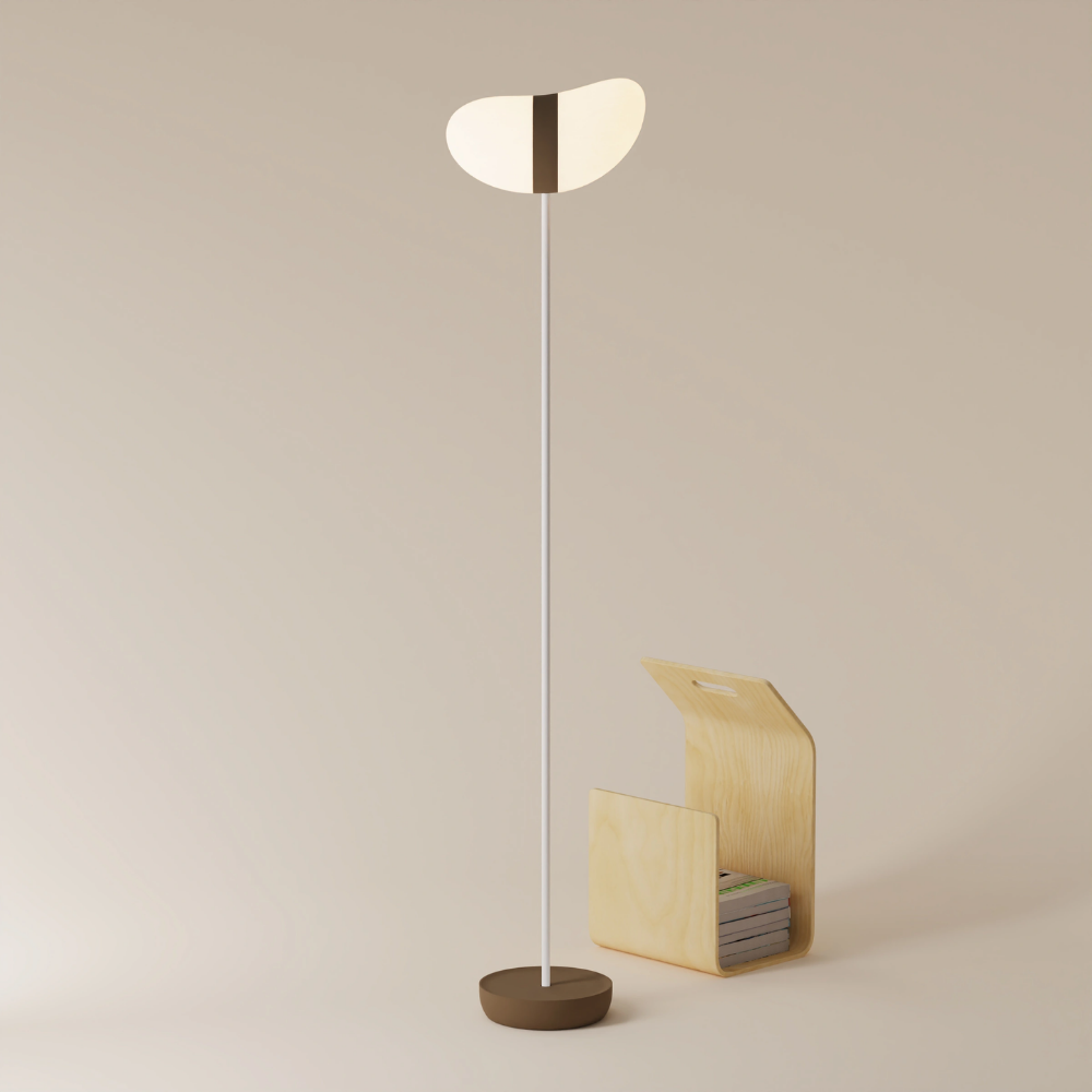 The walnut Baltra Floor Light from Gantri with the white rod option.
