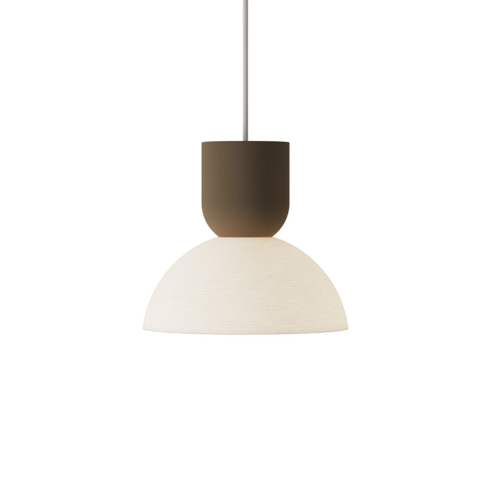 The walnut Buia Pendant Light from Gantri with the white cord.