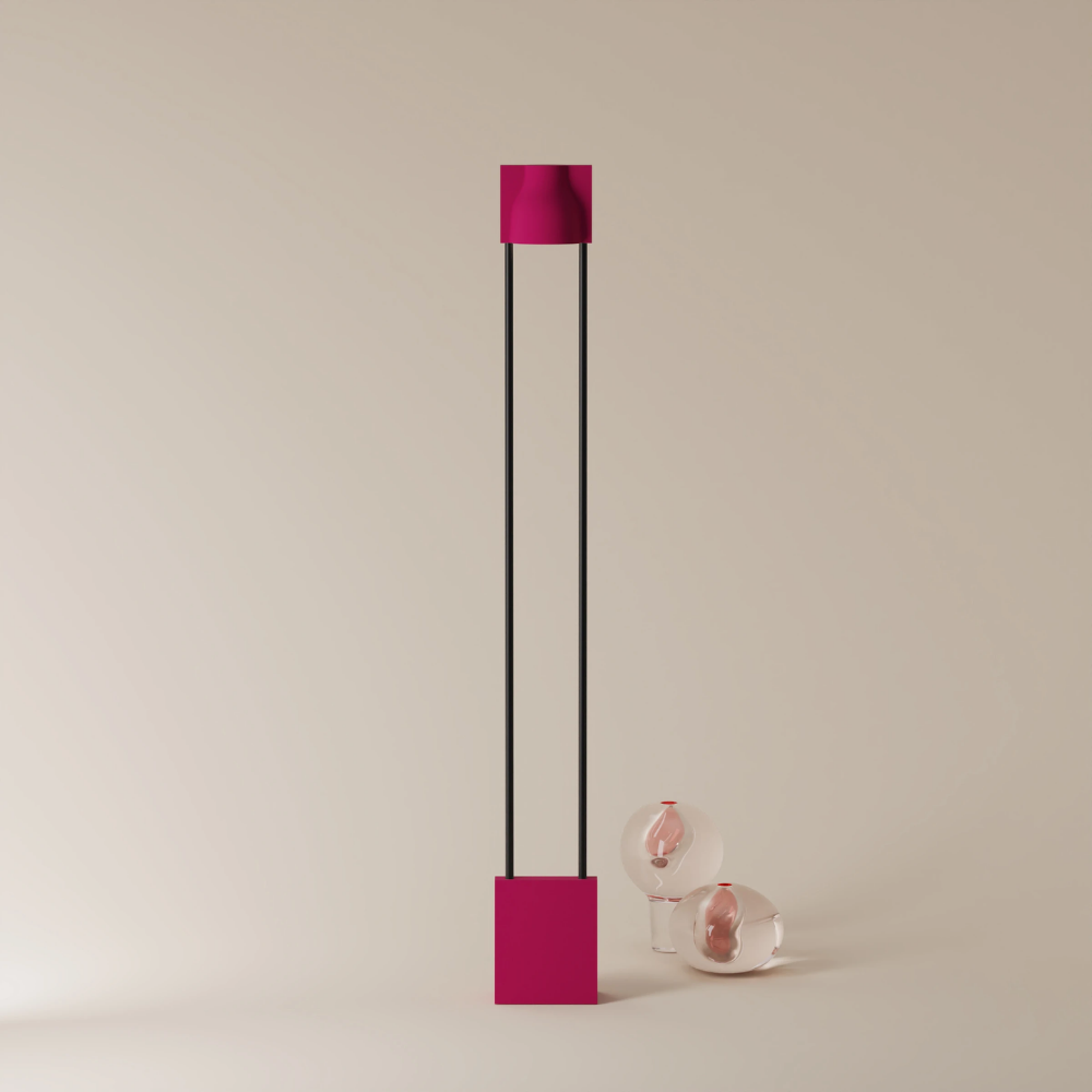 The hibiscus Carve Floor Light from Gantri with the black rod option.