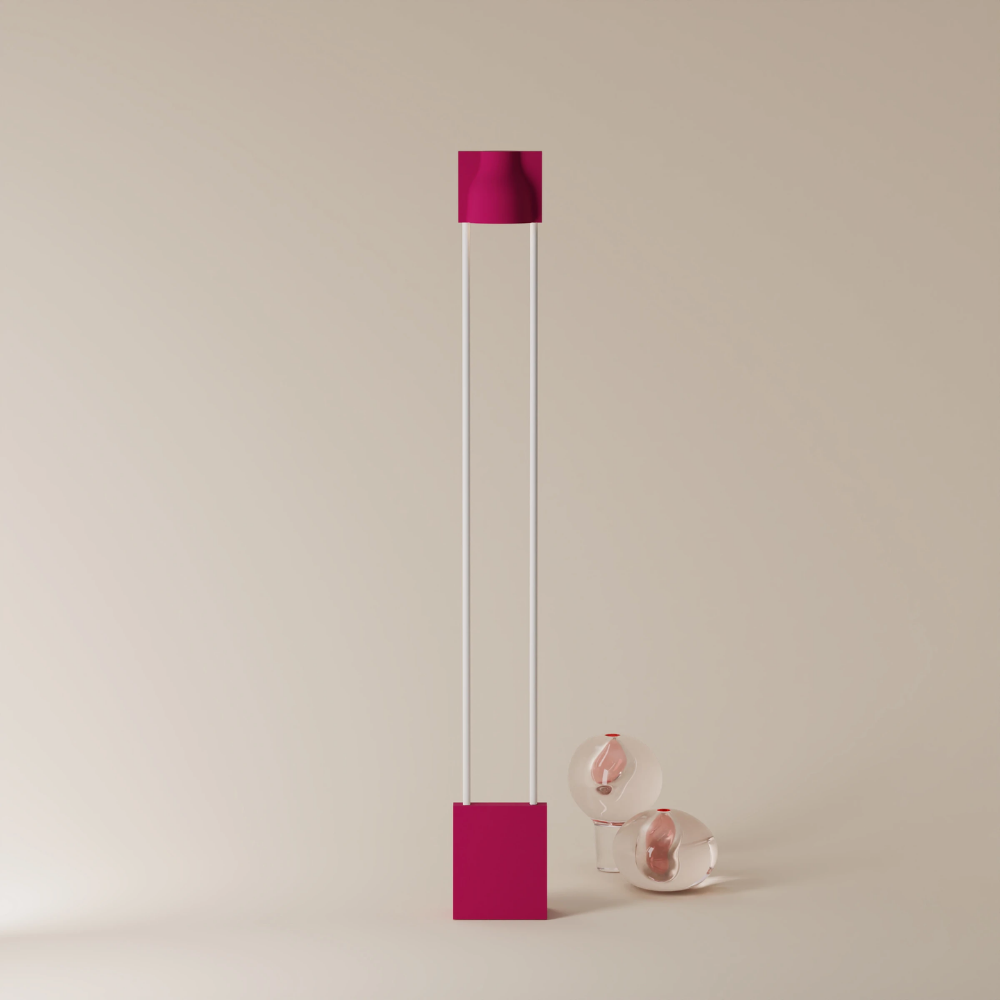 The hibiscus Carve Floor Light from Gantri with the white rod option.