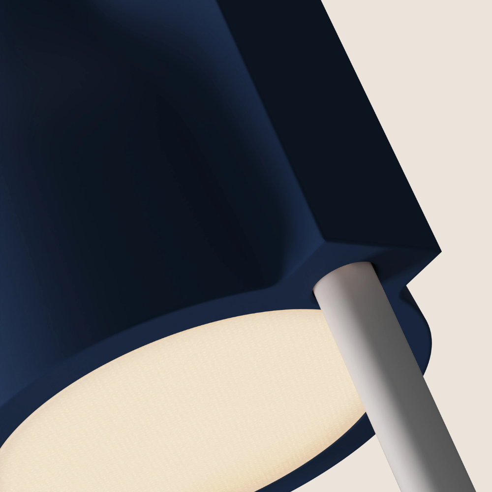 The midnight Carve Floor Light from Gantri with the white rod option close up.