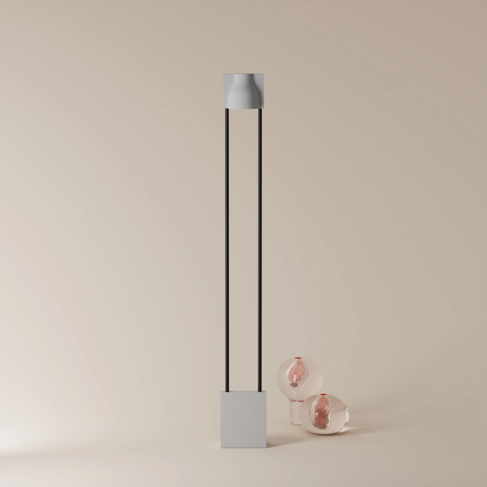 The mist Carve Floor Light from Gantri with the black rod option.