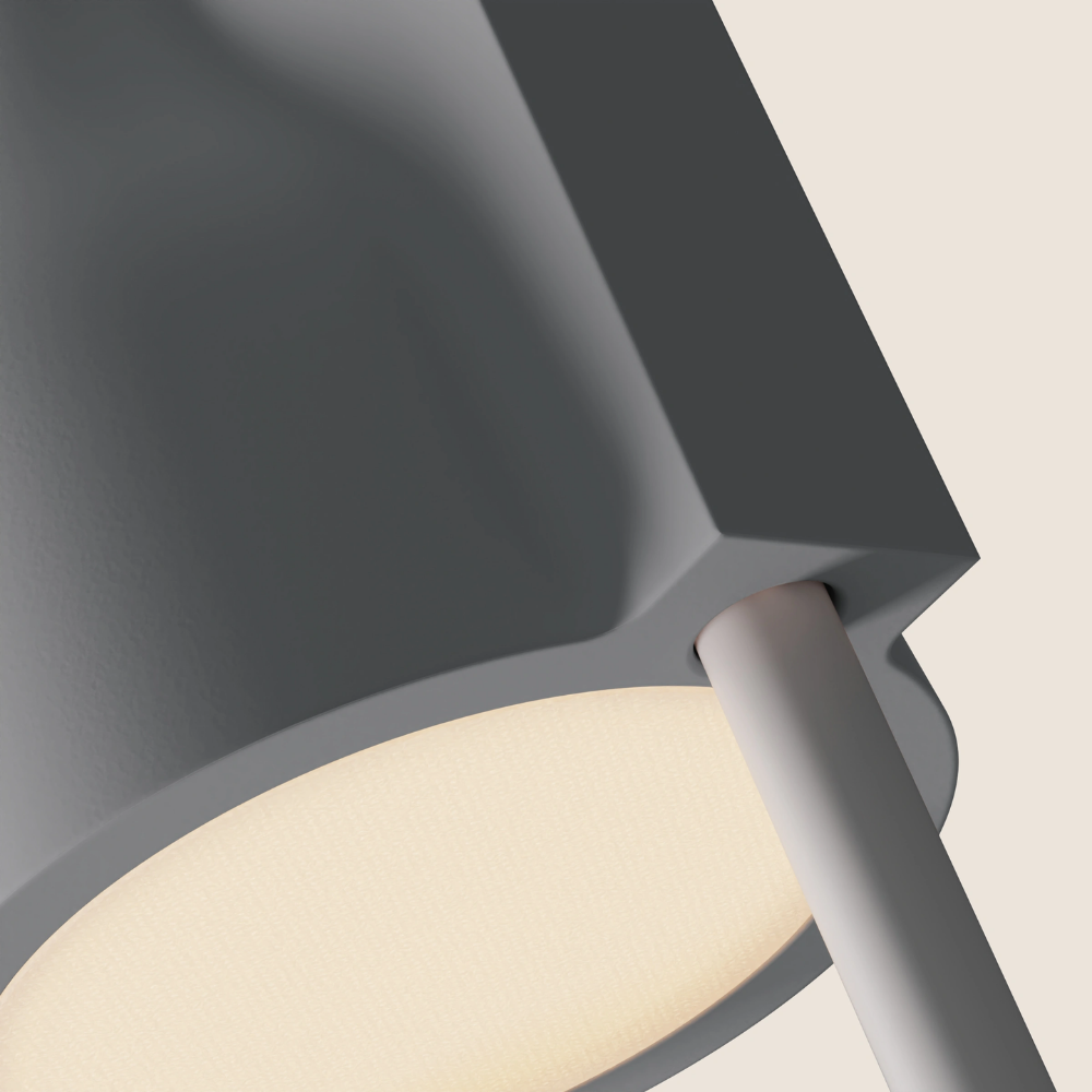The mist Carve Floor Light from Gantri with the white rod option close up.