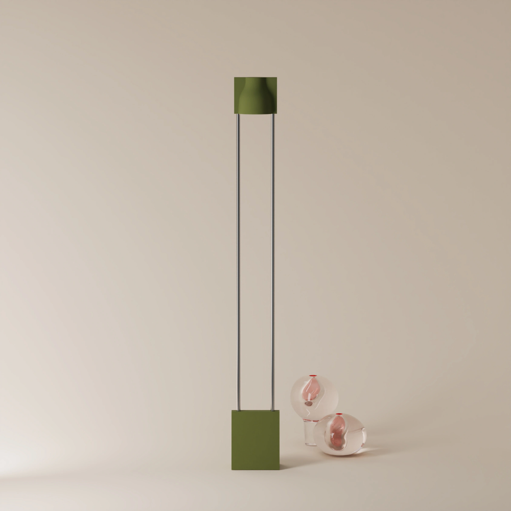 The olive Carve Floor Light from Gantri with the chrome rod option.