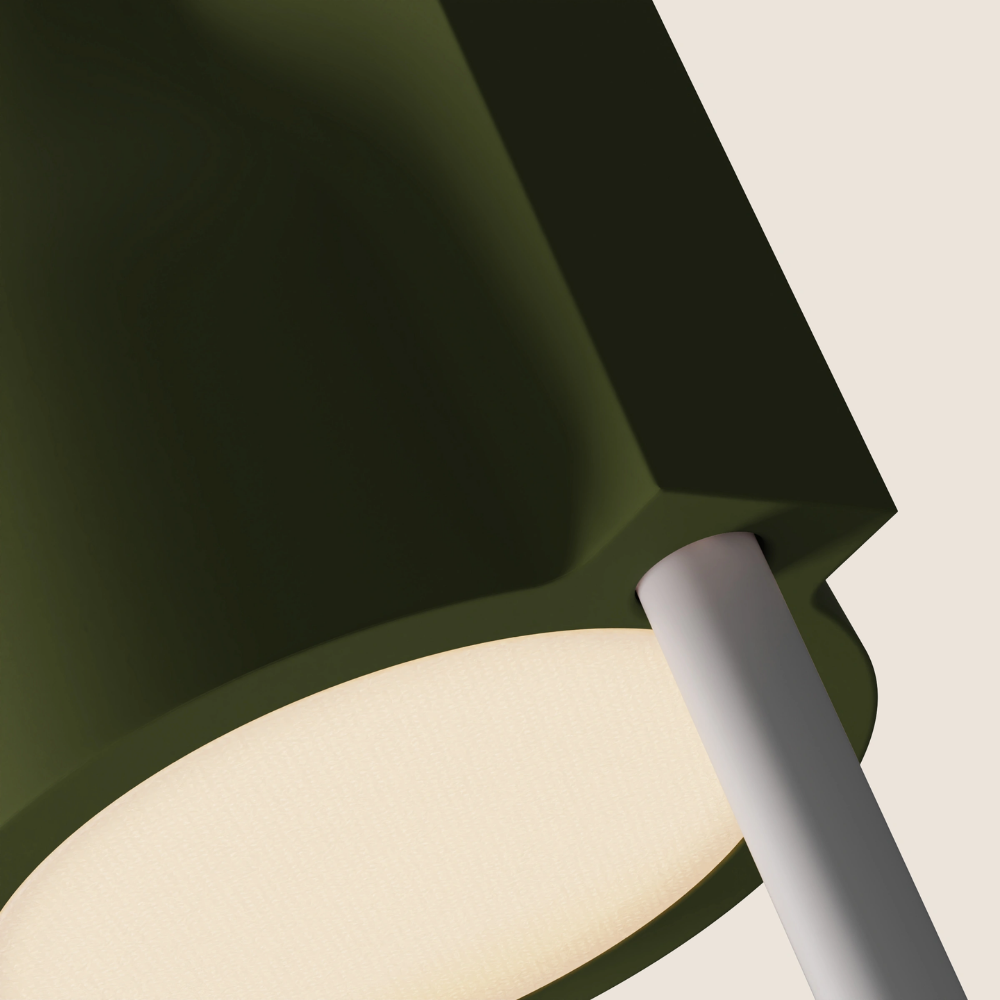 The olive Carve Floor Light from Gantri with the white rod option close up.