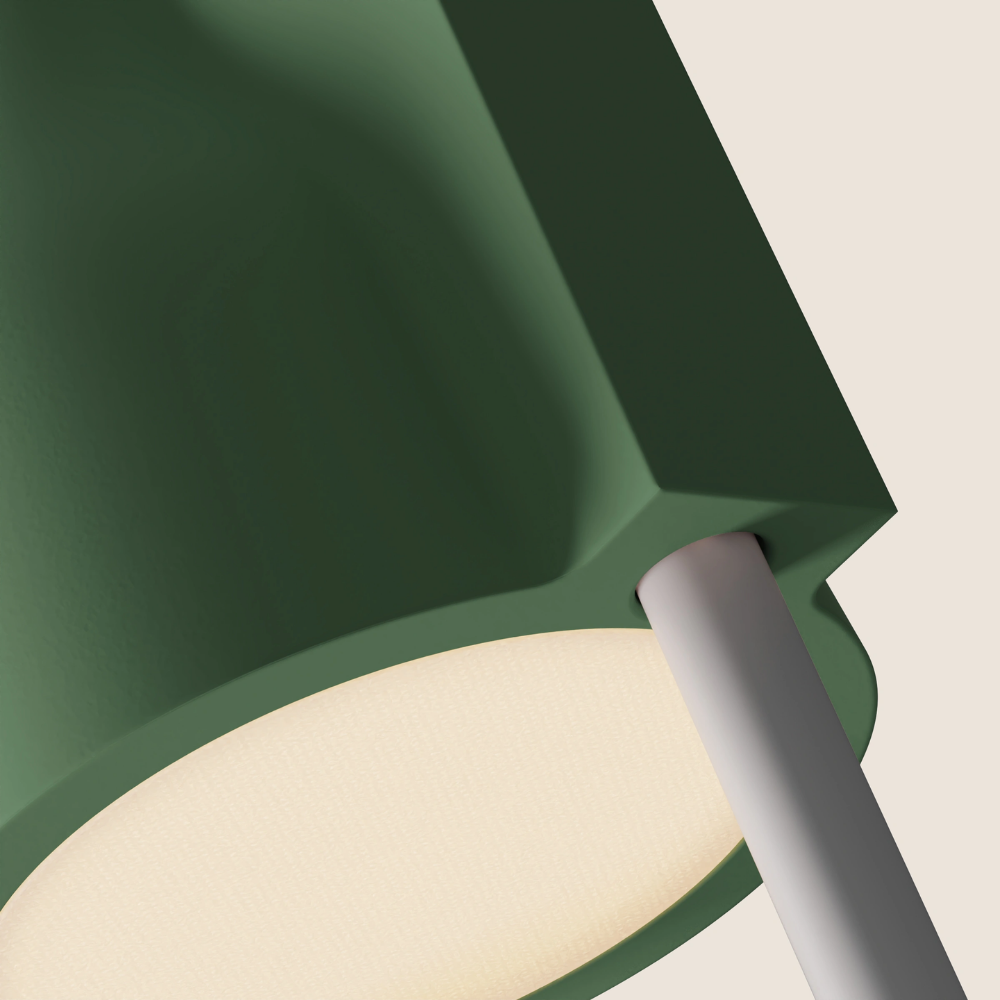 The sage Carve Floor Light from Gantri with the white rod option close up.