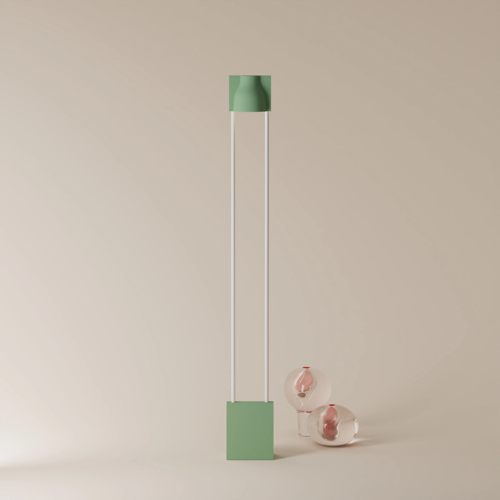 The sage Carve Floor Light from Gantri with the white rod option.
