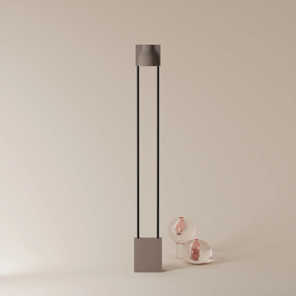 The smoke Carve Floor Light from Gantri with the black rod option.