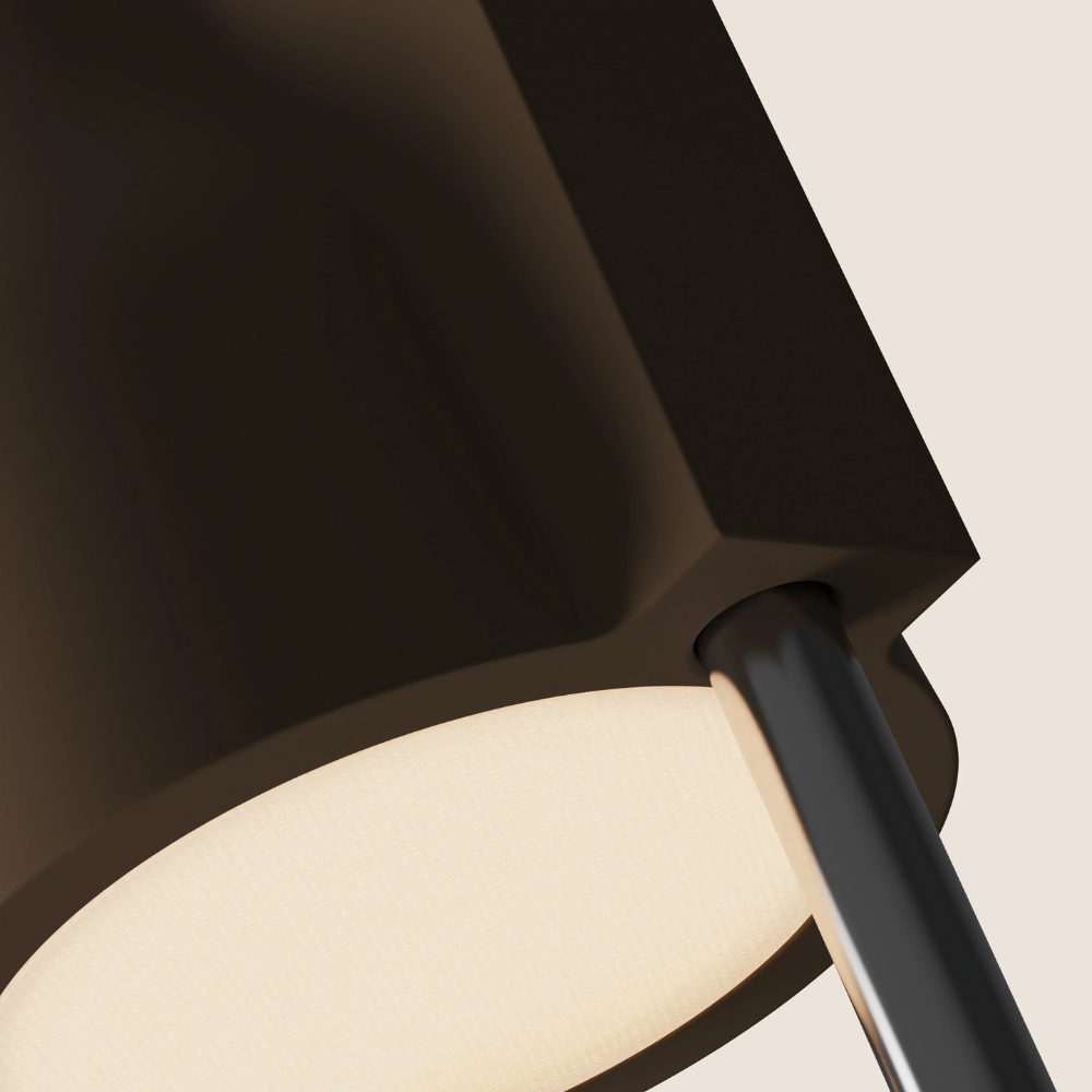 The walnut Carve Floor Light from Gantri with the chrome rod option close up.