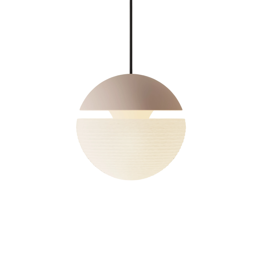 The coral Cora Pendant Light from Gantri with the black cord.