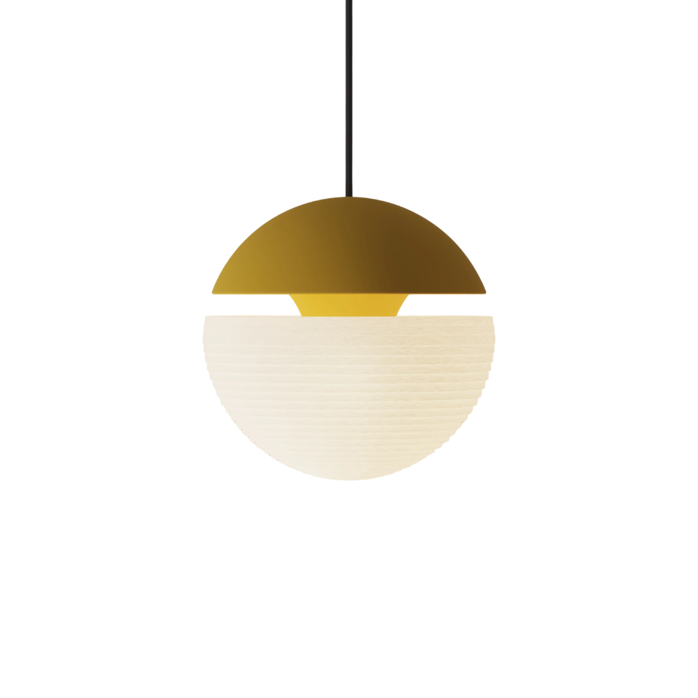 The mustard Cora Pendant Light from Gantri with the black cord.