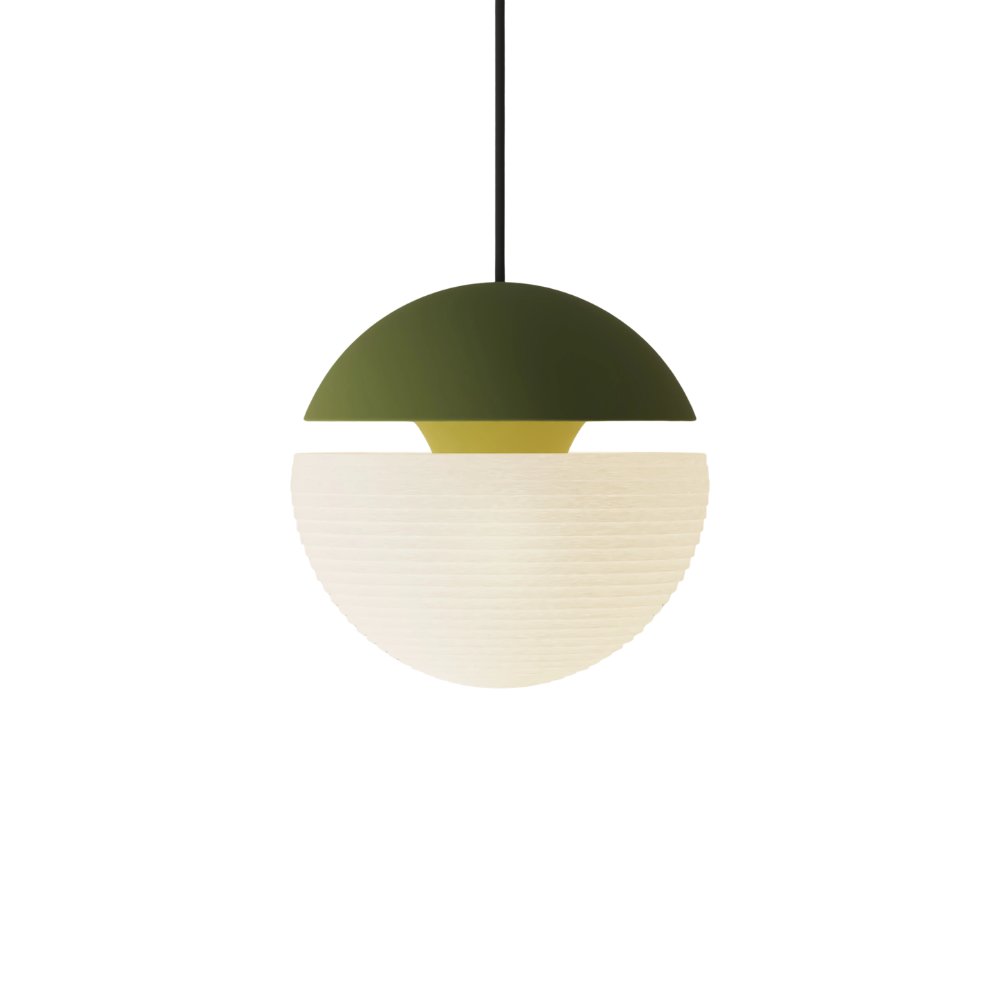 The olive Cora Pendant Light from Gantri with the black cord.