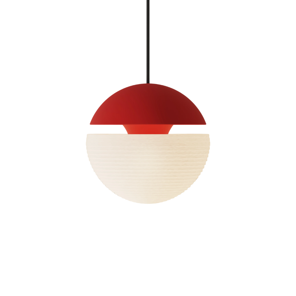 The poppy Cora Pendant Light from Gantri with the black cord.