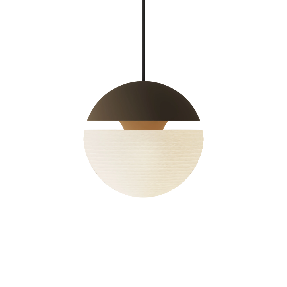 The walnut Cora Pendant Light from Gantri with the black cord.