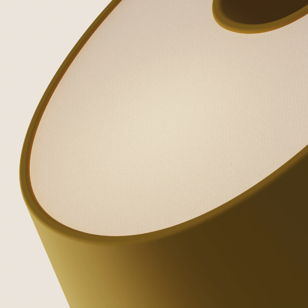 The mustard Fold Table Light from Gantri close up.