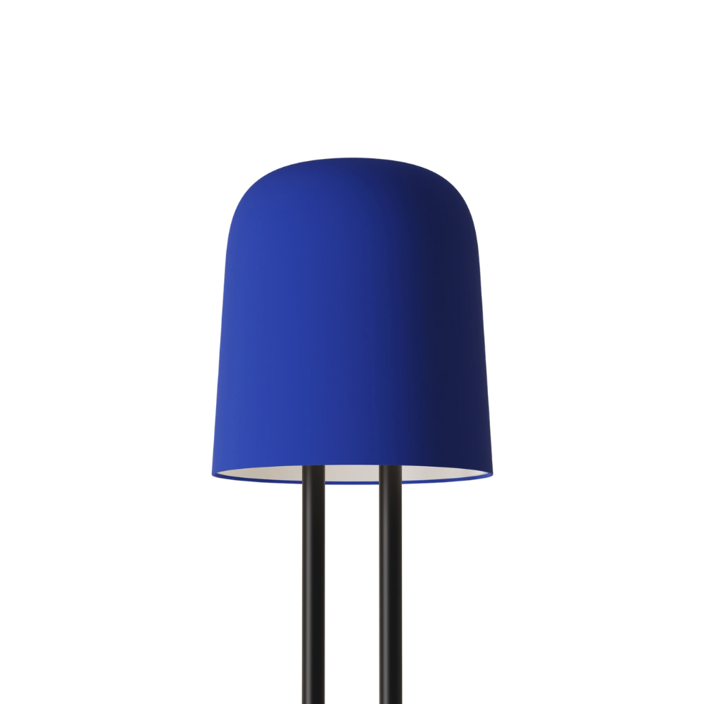 The cobalt Gio Floor Light from Gantri with the black rod option.