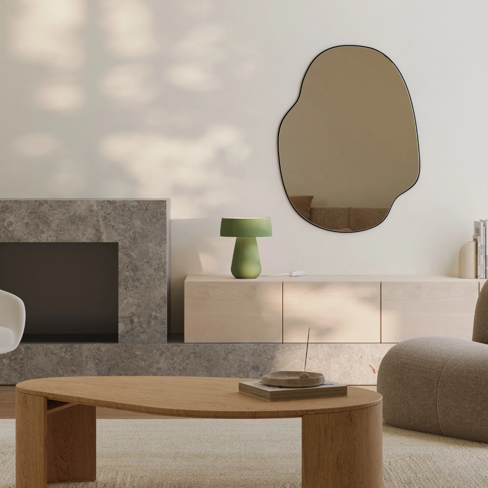 The olive Hula Table Light from Gantri in a living room.
