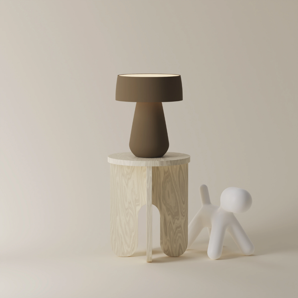 The walnut Hula Table Light from Gantri in a living room.