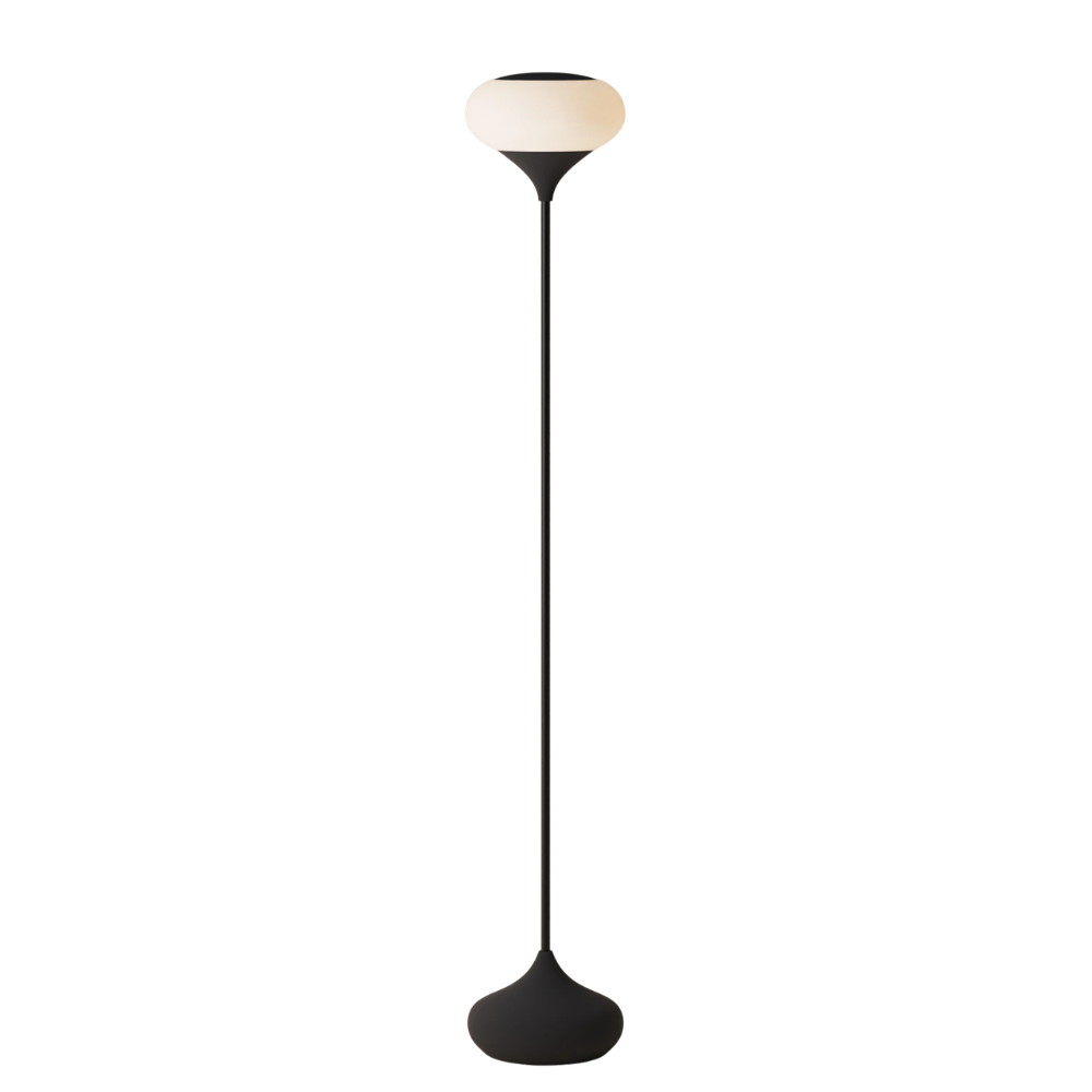 The carbon Aim Floor Light from Gantri with the black rod option, showing the full lamp.