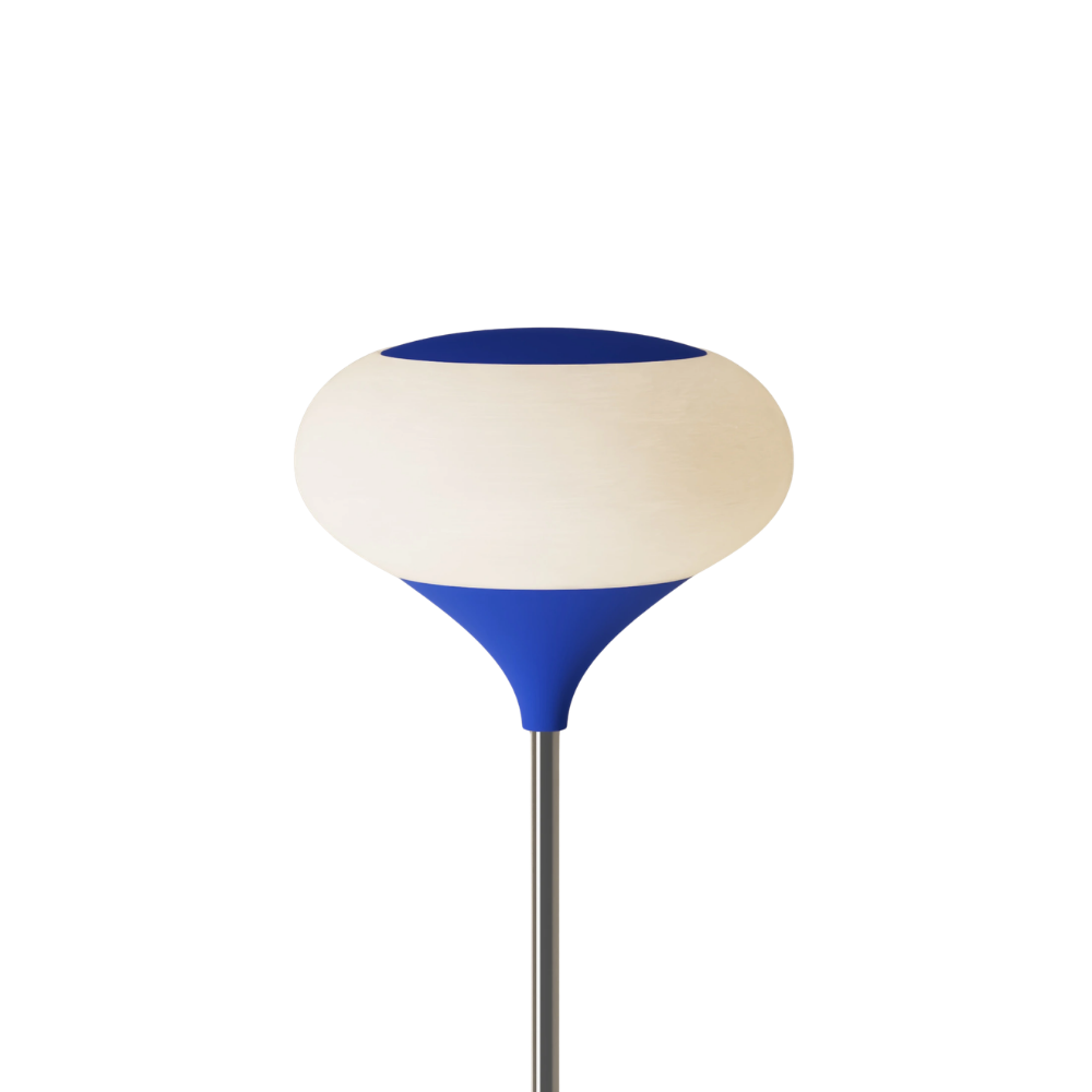 The cobalt Kobble Floor Light from Gantri with the chrome rod option.