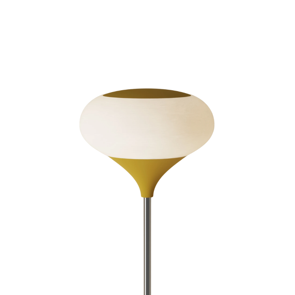 The mustard Kobble Floor Light from Gantri with the chrome rod option.