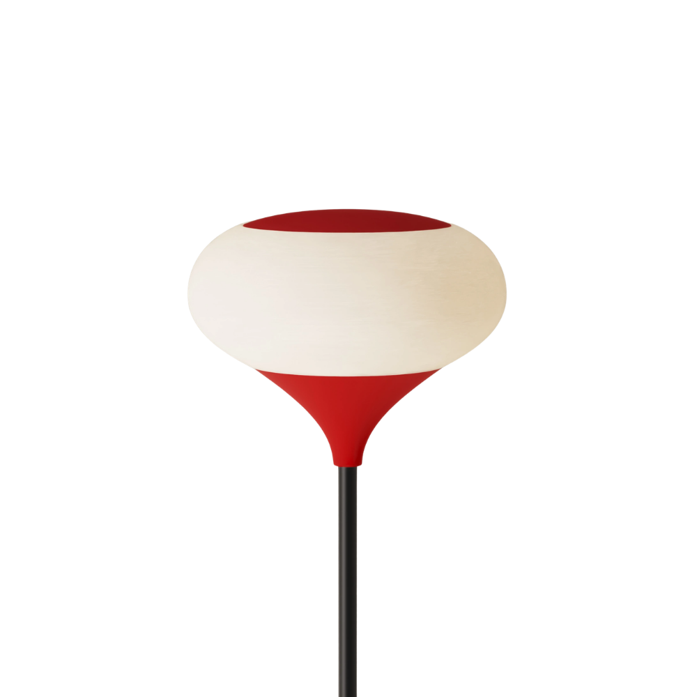 The poppy Kobble Floor Light from Gantri with the black rod option.