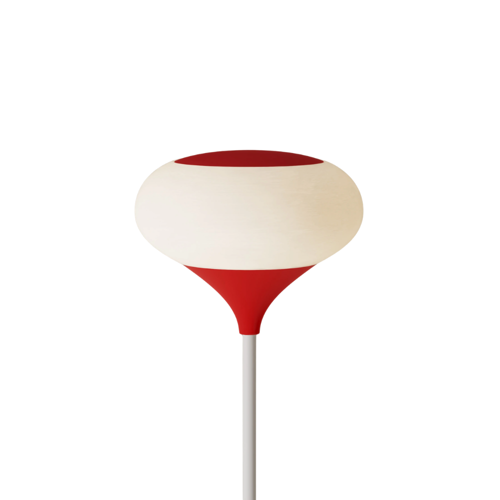 The poppy Kobble Floor Light from Gantri with the white rod option.