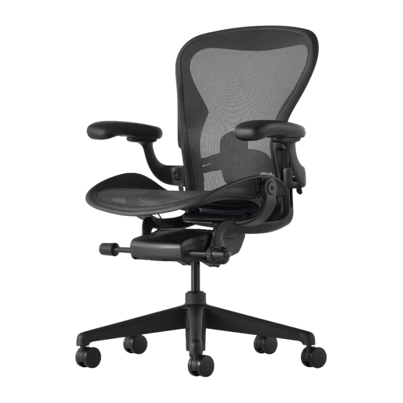 The Aeron Chair from Herman Miller with the adjustable lumbar support support in black and onyx ultra matte from the front at an angle.