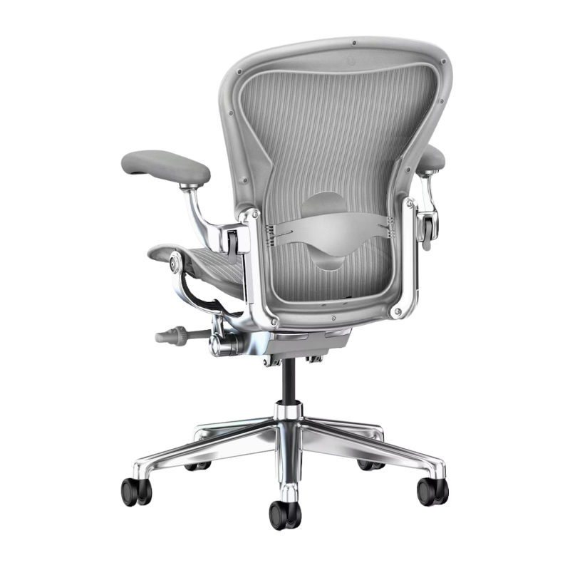 The Aeron Chair from Herman Miller with the adjustable lumbar support support in mineral and polished aluminum from the back.