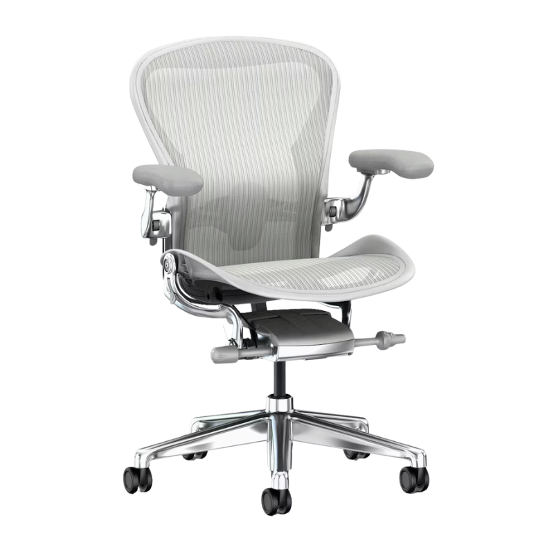 The Aeron Chair from Herman Miller with the adjustable lumbar support support in mineral and polished aluminum from the front.