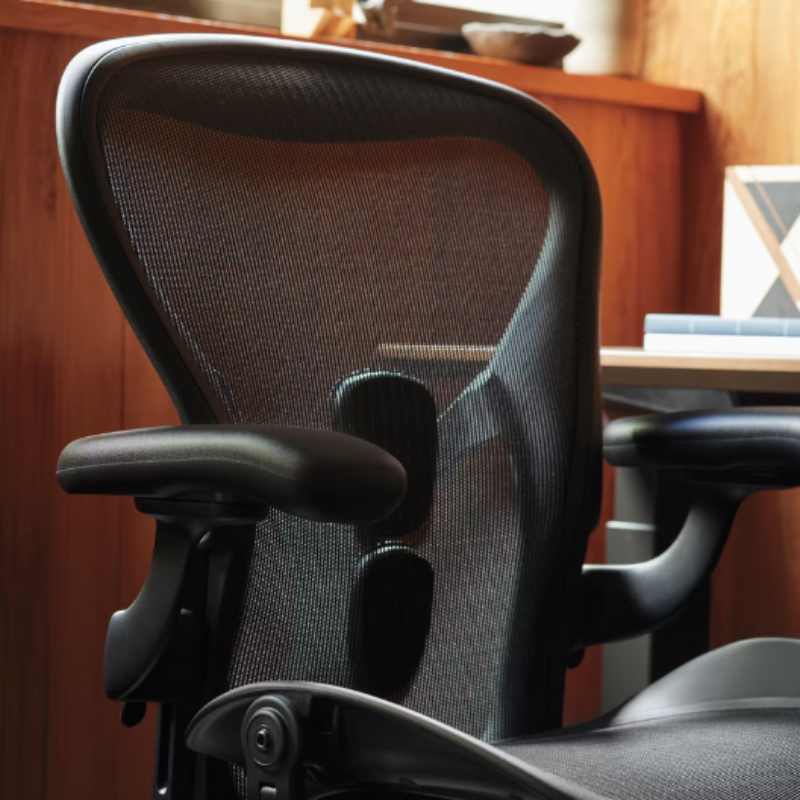 The Aeron Chair from Herman Miller in a photograph highlighting the elastomeric suspension seat.