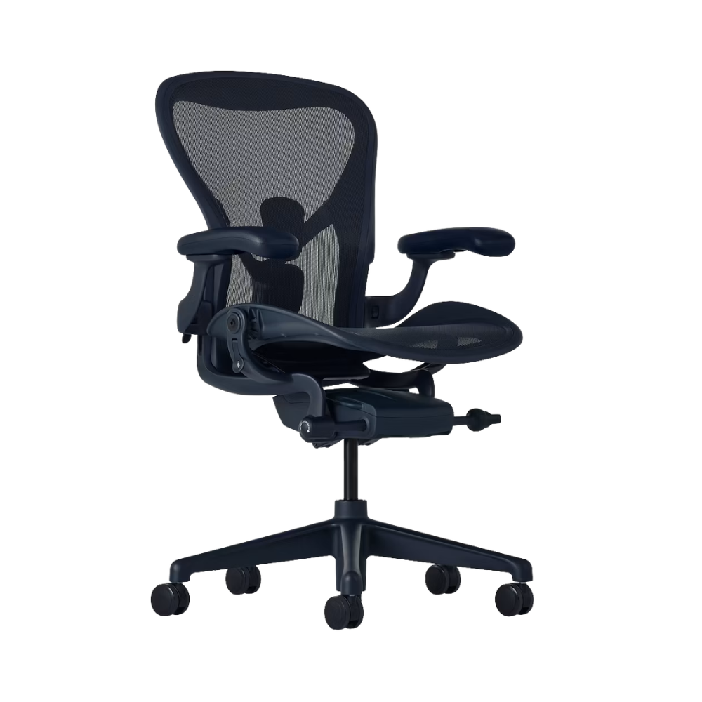 The Aeron Chair from Herman Miller with the adjustable Posturefit SL back support in Nightfall / Nightfall, angled view.