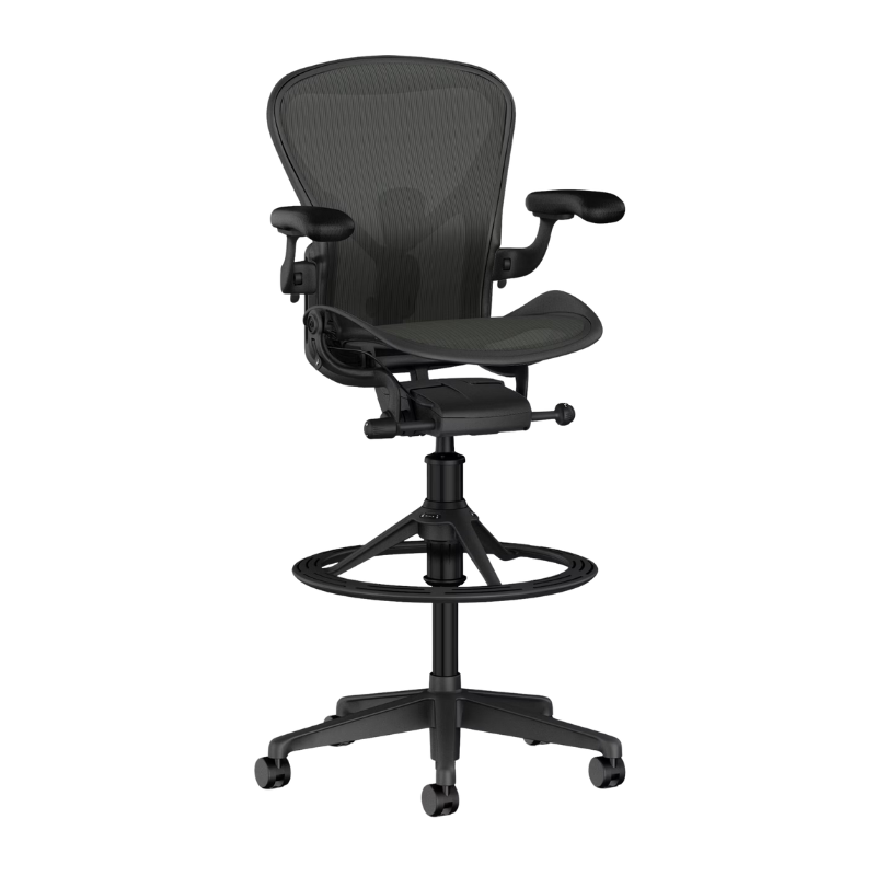The Aeron Stool from Herman Miller in counter height or bar height with the adjustable posturefit SL back support in graphite and graphite.