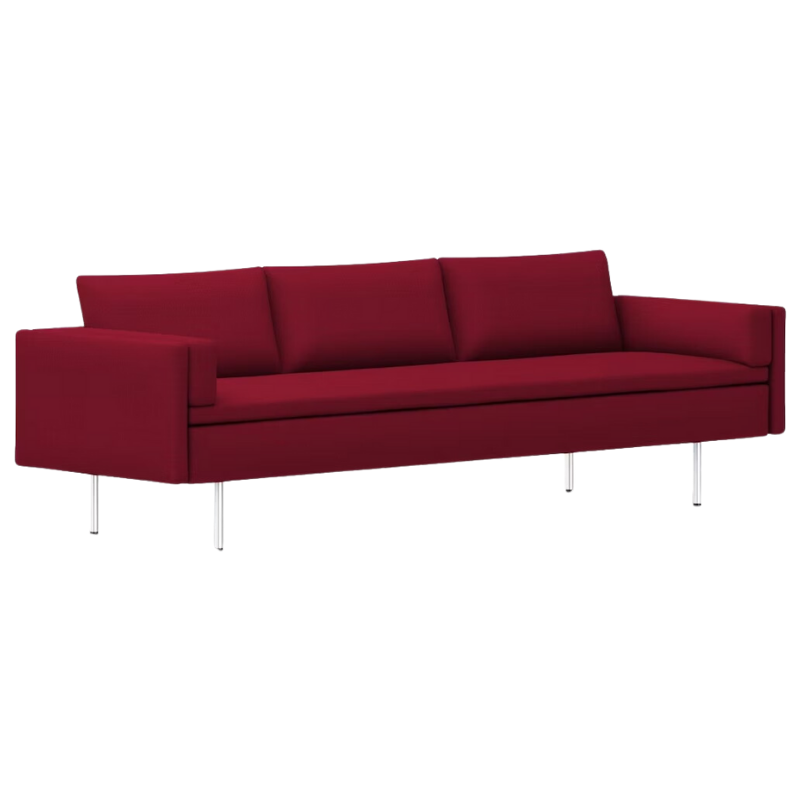 The Bolster Three Seat Sofa from Herman Miller with both arms in dark crimson hopsak upholstery.