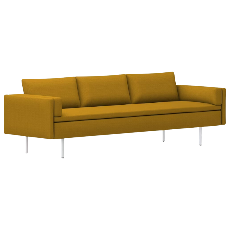 The Bolster Three Seat Sofa from Herman Miller with both arms in dark ochre hopsak upholstery.