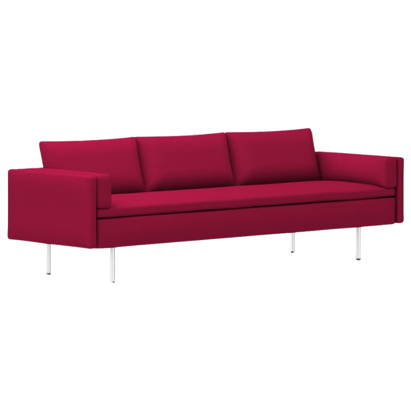 The Bolster Three Seat Sofa from Herman Miller with both arms in dark pink hopsak upholstery.