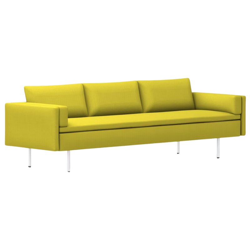 The Bolster Three Seat Sofa from Herman Miller with both arms in dark yellow hopsak upholstery.