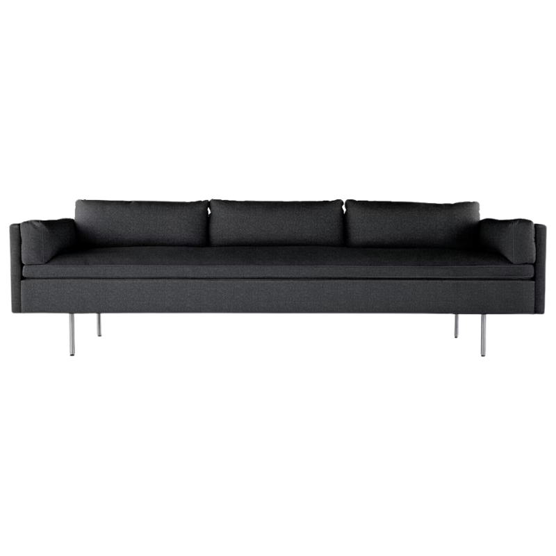 The Bolster Three Seat Sofa from Herman Miller with both arms in heathered black, cozy upholstery.