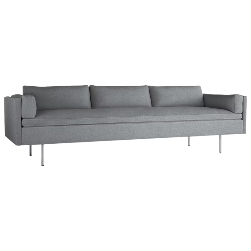 The Bolster Three Seat Sofa from Herman Miller with both arms in heathered cool grey, cozy upholstery from an angle.