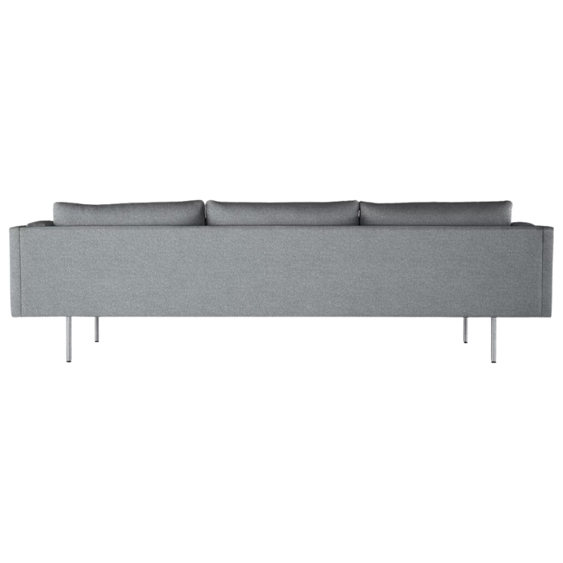 The Bolster Three Seat Sofa from Herman Miller with both arms in heathered cool grey, cozy upholstery from the back.