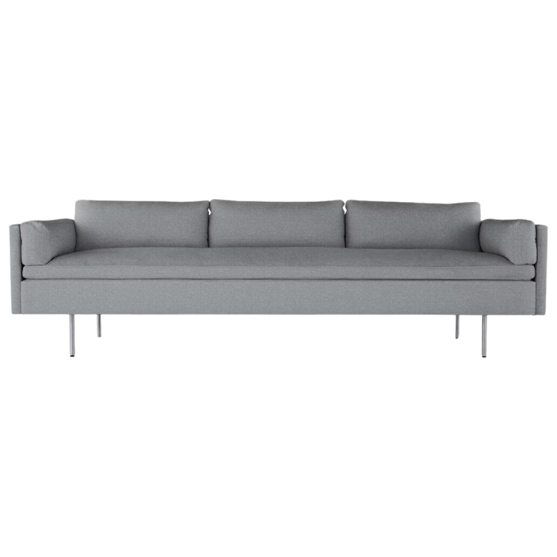 The Bolster Three Seat Sofa from Herman Miller with both arms in heathered cool grey, cozy upholstery.