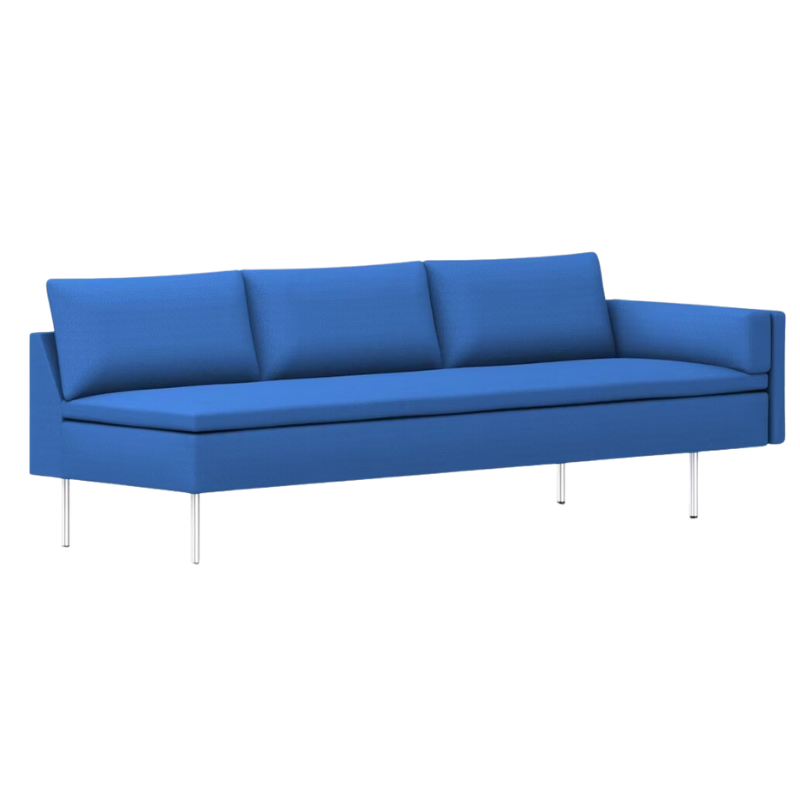 The Bolster Three Seat Sofa from Herman Miller with left arm in cobalt blue hopsak upholstery.