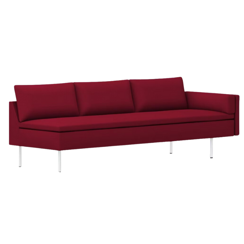 The Bolster Three Seat Sofa from Herman Miller with left arm in dark crimson hopsak upholstery.