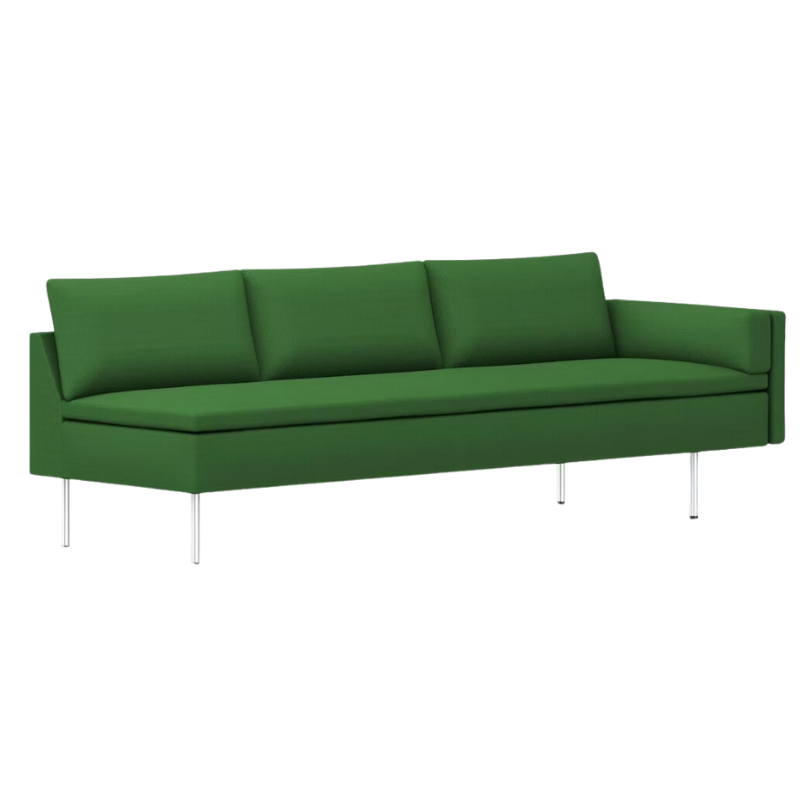 The Bolster Three Seat Sofa from Herman Miller with left arm in dark emerald hopsak upholstery.