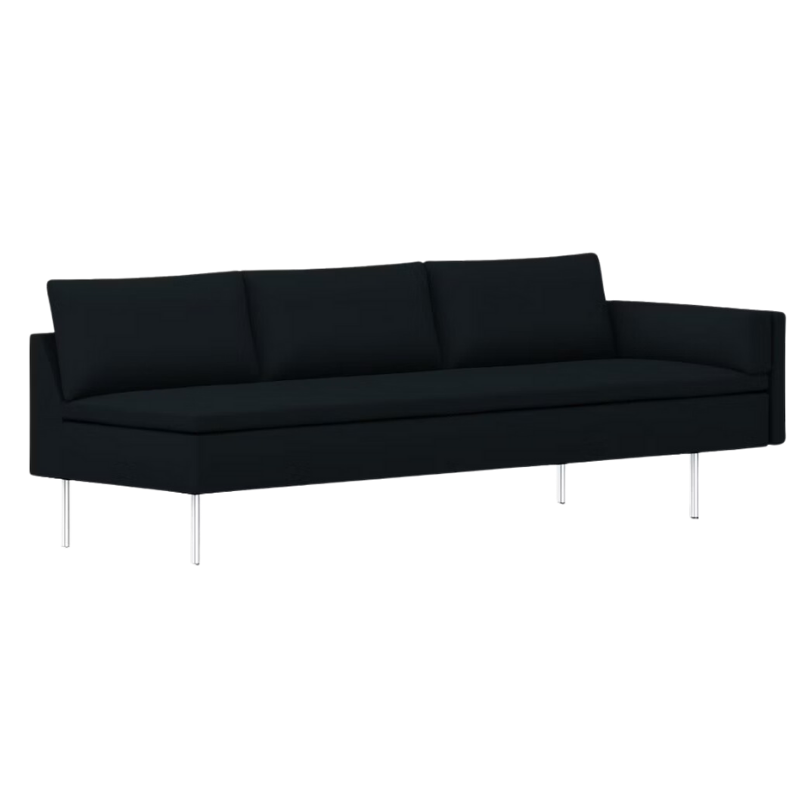 The Bolster Three Seat Sofa from Herman Miller with left arm in dark grey blue hopsak upholstery.