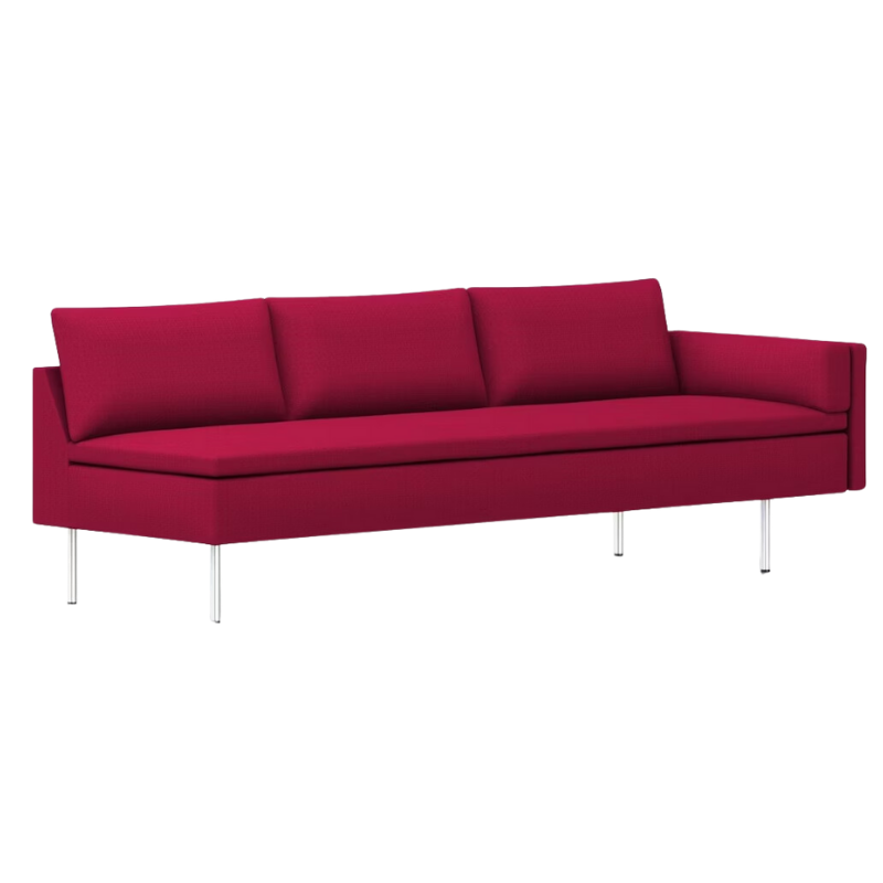 The Bolster Three Seat Sofa from Herman Miller with left arm in dark pink hopsak upholstery.
