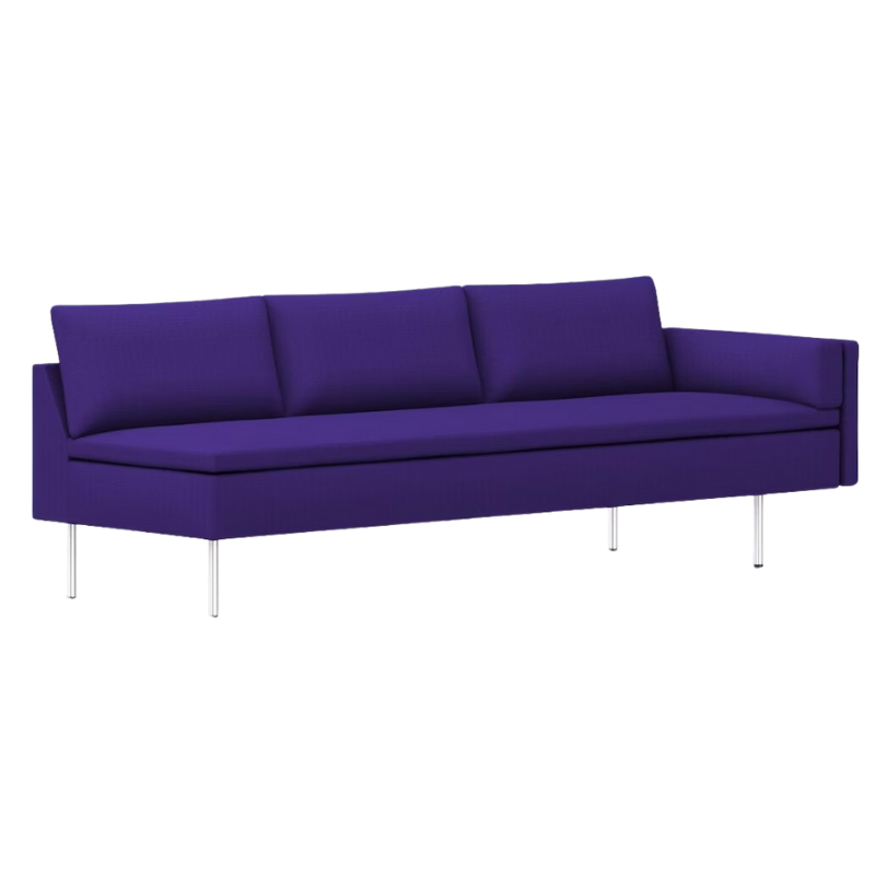 The Bolster Three Seat Sofa from Herman Miller with left arm in dark violet hopsak upholstery.