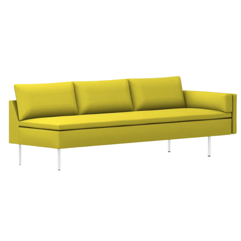 The Bolster Three Seat Sofa from Herman Miller with left arm in dark yellow hopsak upholstery.