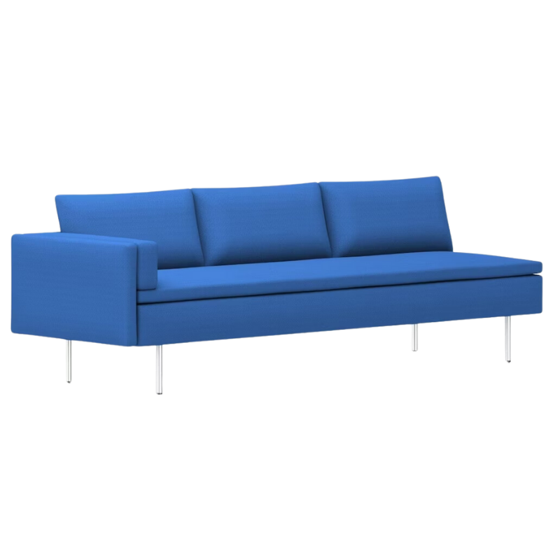 The Bolster Three Seat Sofa from Herman Miller with right arm in cobalt blue hopsak upholstery.